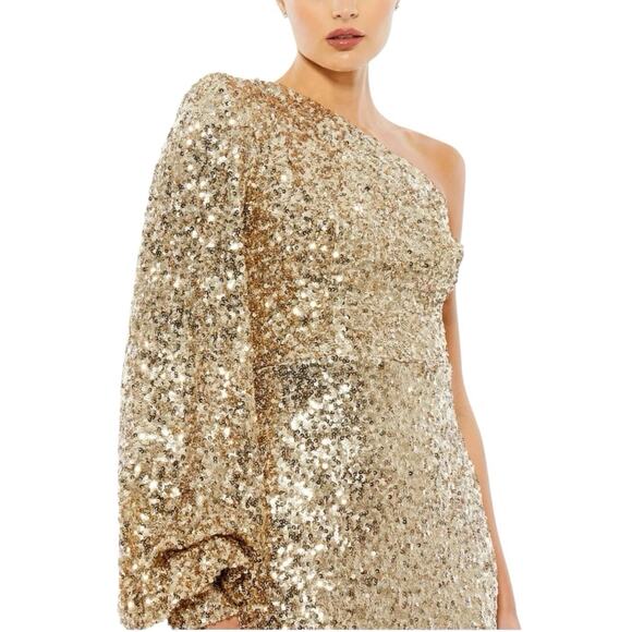 Mac Duggal 26717 Gold Sequin One Shoulder Bishop Sleeve Trumpet Gown Size 14 - Picture 2 of 7